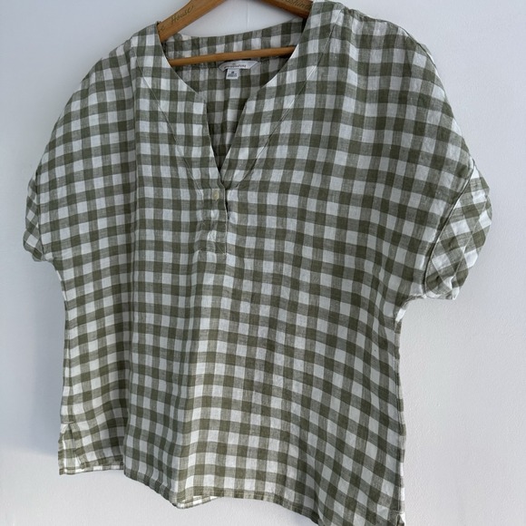 L.L.Bean Signature Linen Split-Neck Shirt Size Medium Green Gingham - Picture 7 of 7